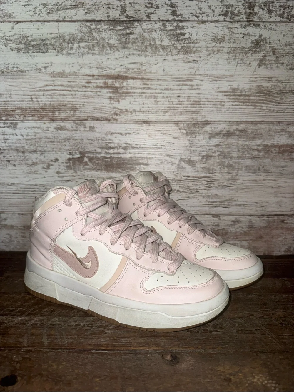 Nike Pink, Cream, and White High-Top Women's Sneakers: size 8
